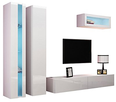 Wohnwand Vigo New II, Anbauwand, Design Mediawand, Farbauswahl, Modernes Wohnzimmer Set, Hängeschrank TV Lowboard, Vitrine (mit Blauer LED Beleuchtung, Weiß/Weiß Hochglanz)