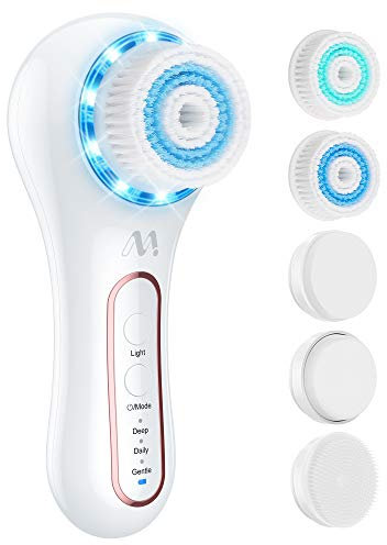 Brosse Nettoyante Visage Électrique Misiki Brosse Faciale Électrique avec 5 Têtes Brossantes 3 Modes Rotatif de Brosse Faciale Rechargeable Étanche Soins Nettoyage en Profondeur, Exfoliant 2-White