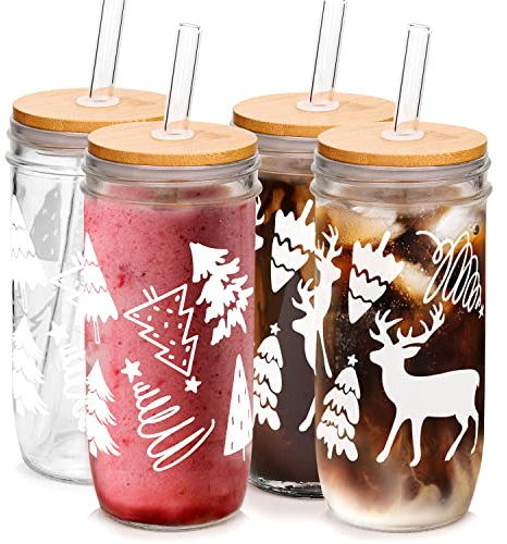 ANOTION Weihnachtsdekoration Einmachglas Elch & Baum, 4 Packungen Weihnachtsbecher, 700ml Weihnachtsmason Gläser mit Deckel und Stroh Weihnachtstumbler Trinkgläser Kaffeetassen