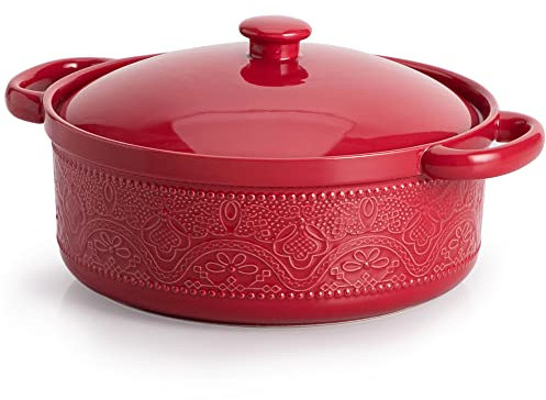 FE Casserole dishes with lids, 21.5 x 9cm, 2L Ceramic Round Oven Dish For Home Kitchens, Lace Emboss Baking Dish for Dinner, Banquet and Party(Red)