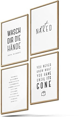 BLCKART Poster-Set Badezimmer - 4 moderne Wandbilder mit Sprüchen - Premium Poster für Bad - Bilder zur Wanddekoration - Größe A3