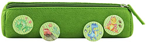 Papierdrachen Federmäppchen mit 4 Buttons für Jungen und Mädchen | Filzmäppchen in grün mit Dinosaurier-Motiv Einschulung | Schulmäppchen Set Nr 4