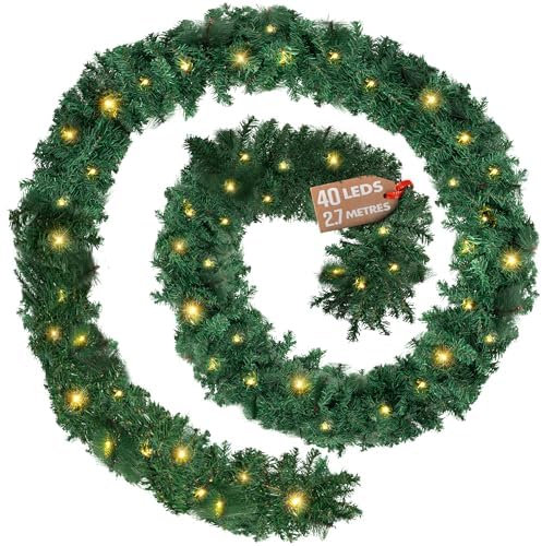 GloBrite 2.7M Christmas Garland with 40 Warm White LED Lights (250 Tips) - Pre-Lit Fireplace Garland Christmas Decoration, Battery-Powered Christmas Garlands for Home Decoration Christmas & More