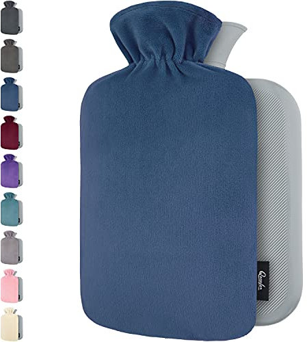 Bolsa de Agua Caliente con Funda - Funda de Vellón Premium Suave - 1.8L Gran Capacidad - Bolsa Agua Caliente para el alivio del dolor de espalda, cuello, hombros y para noches acogedoras - Azul Oscuro