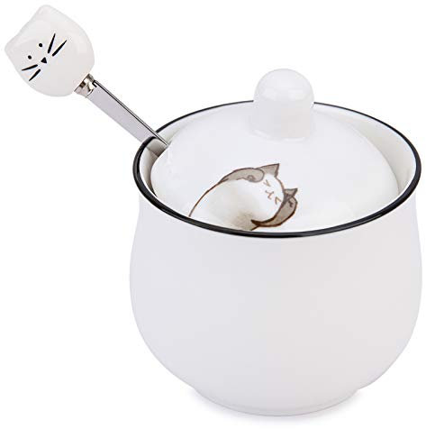 Chase Chic Petit Sucrier en Céramique Porcelaine Bol à Sucre avec Couvercle et Cuillère avec Dessin de Chat, 8,5 oz / 240 ml, Meilleur Cadeau Pour Les Amoureux Des Chats