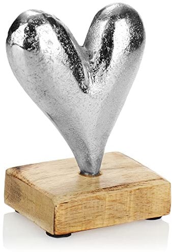 com-four® Premium Deko-Aufsteller Herz - Metall-Herz auf Sockel aus Mangoholz - Deko-Herz aus Metall zum Hinstellen - Herzdeko zum Verschenken (Herz - Größe S)