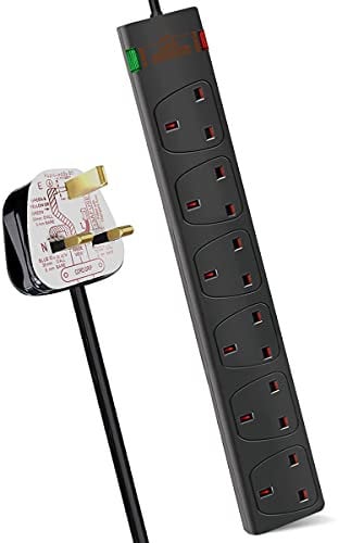 EXTRASTAR 6 Way Extension Leads with Surge Protection, 13A 3120W Approved British UK Wall Mounted Power Strips with 1 Metre Extension Cord for Home, Office - Black