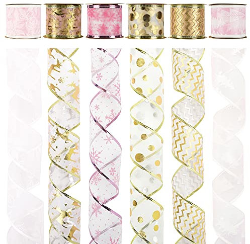 MEEDEE Lot de 6 rouleaux de ruban de Noël rose avec fil de fer pour sapin de Noël, 6,3 cm, 30 m de ruban rose poudré pour couronnes, guirlandes d'arbre