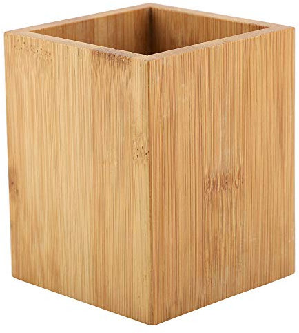 Bamboo Utensils Holder, Square Desk Pencil Organiser Cooking Tools Storage Pot Wood Cutlery Caddy Holders Office Makeup Kitchen Decor for Brushes Desks Spatula Spoon Countertop