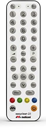 MELICONI | EASYCLEAN 2.1 – TELECOMANDO UNIVERSALE 2 in 1 per tv e decoder. Ideale per l’uso in CUCINA. Grazie alla sua tastiera IMPERMEABILE può essere PULITO e IGIENIZZATO con estrema facilità.