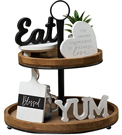 GENMOUS - Juego de mini artículos de decoración de bandeja escalonada de cocina rústica en blanco y negro, decoración de encimera de cocina de dos niveles para decoración del hogar, cocina, comedor