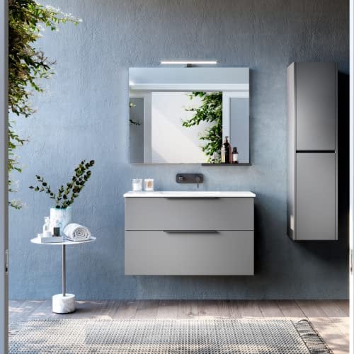 Mueble de Baño Suspendido con Lavabo Cerámico Galsaky | Mueble Baño Volado de 2 cajones con Cierre Amortiguado y Organizador | Guías Hettich | Mist Mate Tirador Oro | 70cm