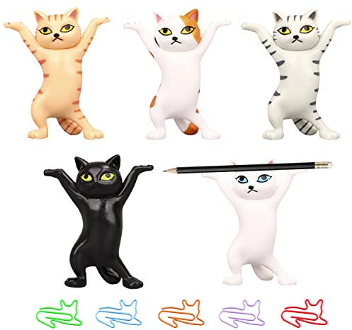 5er-Pack Tanzende Katze Stifthalter mit 5 Katzen Büroklammern, Gewichtheben Mini Katze Dekor, Stifthalter, Ohrstöpselhalter, Langlebig und Spaß Ornament, Katze Sarg Tanz, Geschenk für Katzenliebhaber
