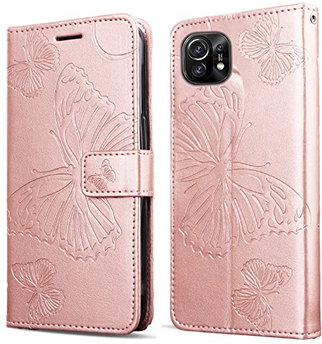 DENDICO Hülle für Xiaomi MI 11, PU Leder Magnetverschluss Flip Handyhülle Schutzhülle mit Standfunktion und Kartenfach für Xiaomi MI 11, Roségold