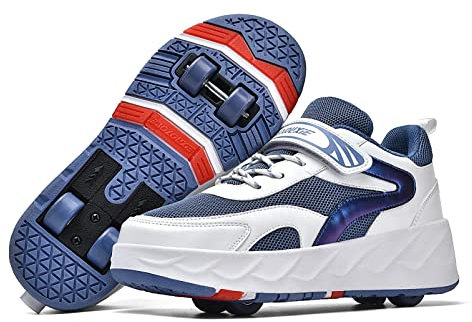 XRDSHY Schuhe Mit Rollen 2-in-1 Rollschuhe Kinderschuhe Skateboardschuhe Sneakers, 4-Rad Roller Skates Laufsportschuhe, Verstecktes Hinterrad,Blue-31 EU