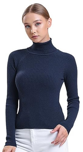 alsestudio Women`s Turtle Neck Jumper Premium Quality Silk Touch Long Sleeve Soft Ribbed Pullover Essential Knitted Roll Neck Sweaters Navy, S