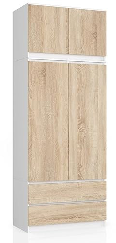 AKORD | Kleiderschrank mit Auszug | Geräumiger Innenraum | Platzsparende Aufbewahrung | Einlegeböden, Kleiderstange und Schubladen | Hochwertige Qualität | 234 cm Hoch | Einfache Montage