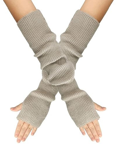 MoreChioce 1 Paar Frauen Lange Fingerlose Handschuhe, Winter Gestrickt Armstulpen Ellenbogenlange Handgelenk Pulswärmer Damen Halbfingerhandschuhe Fäustlinge Strickhandschuhe mit Daumenloch,Hell Grau