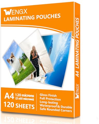120 Sheets A4 Laminating Pouches,Gloss Finish,Rounded Corners, Clear,120 Micron (2 x 60 Micron) Laminator Pouches Glossy Laminate Pouch-Flexible Rigidity for Everyday Use