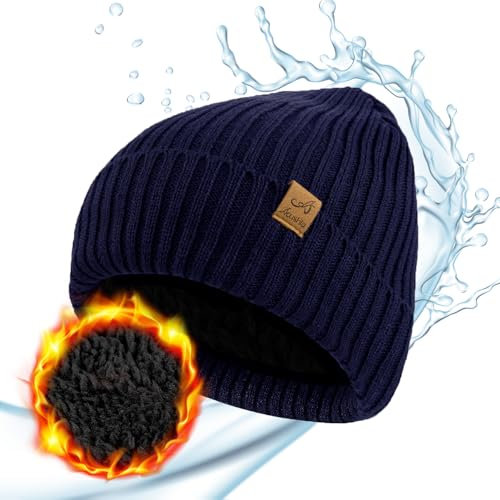ACUSHLA Gorro impermeable y resistente al viento, gorro de invierno de punto con forro polar grueso para hombres y mujeres, gorro de reloj cálido para clima frío, Azul marino, talla única
