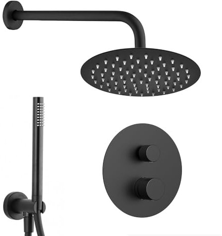 Set doccia incasso nero opaco con braccio e soffione 30 cm, kit doccia con doccino in ottone, presa acqua e supporto, GEMINI