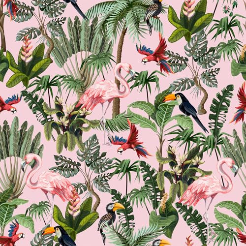 VEELIKE Papier Peint Tropical Jungle Flamant Rose - Feuillage Vert, Fleuri, Graphique Oiseau Mural - Adhésif pour Meuble Chambre Salon 44.5cm×300cm