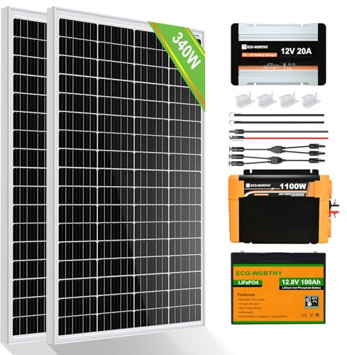 ECO-WORTHY Kit Panneau Solaire avec Batterie 340W: : 2 Panneaux Solaires 170W + Charge 20A DC-DC + 1 Batterie LiFePO4 100AH + onduleur 1100W Système Solaire Camping Car