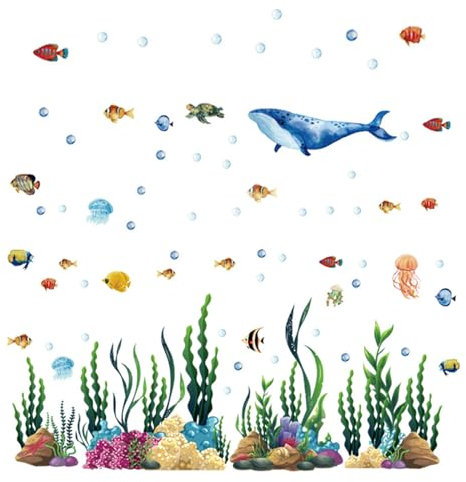 YunBey Wandtattoo Unter dem Meer Fisch Delphin Qualle Seetang Wandsticker Abnehmbar Wandtattoo Meer für Badezimmer Kinderzimmer Schlafzimmer Wanddeko