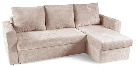 BETTSO - Sky Couch - Sofa mit Schlaffunktion - Ecksofa Links oder Rechts - Breite 238 cm - Liegefläche 203 x 138cm - Schlafcouch für Wohnzimmer - Schlafsofa mit Bettkasten - Samt/Velours Beige