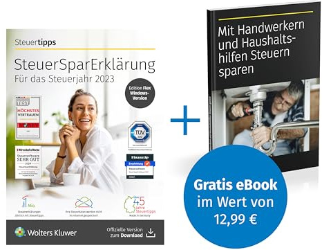 SteuerSparErklärung flex 2024, schnell und einfach zur Steuererklärung 2023 + Kostenloses eBook - Mit Handwerkern und Haushaltshilfen Steuern sparen | PC Aktivierungscode per Email
