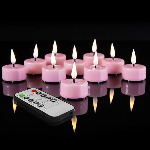 Eywamage Rosa Flammenlose Wachsteelichter mit Fernbedienung und Batterien, flackernde LED-Teevotivkerzen Set von 10