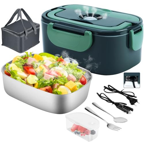 Gentre Electric Lunch Box 12V/24V/220V/110V 4 in 1 Food Warmer for Car, Truck and Work Portable 1.5 L 60 W Stainless Steel Lunch Box Thermos Food with Thermal Bag and Cutlery Set