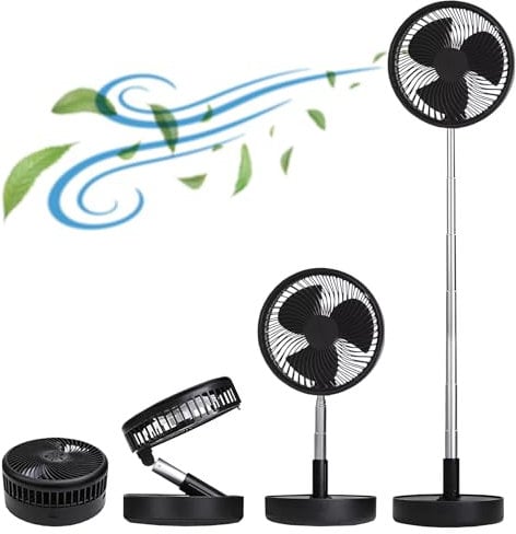 ATEK Cordless Telescopic Foldable Wireless Battery Operated Fan - USB Powered Pedestal - Foldable and Adjustable Height Air Circulator Flool Fan for Outdoor Courtyard Beach Travel Room