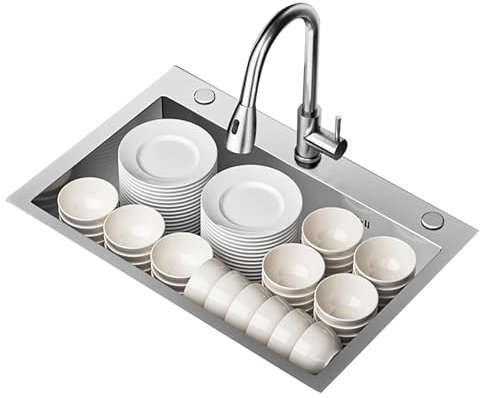 1 Becken Einbauspüle Küchenspüle Spüle mit Armatur Große Spülbecken Edelstahl Mit Wasserhahn mit 3 Hahnloch mit Abtropfkorb & Ablauf for Restaurant,Wäscherei,Garage(60 * 45cm(23.6*17.7))