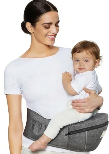 Safotad Babytrage mit Hüftsitz, ergonomische Fronttrage für Neugeborene & Kleinkinder, Verstellbarer Bund mit starker Unterstützung, großes Taschendesign, Grau
