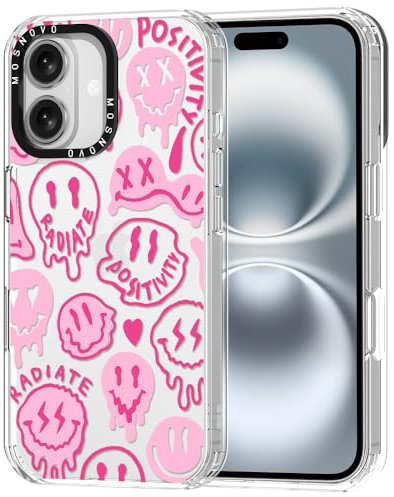 MOSNOVO Case for iPhone 16, [Buffertech 6.6ft Military-Grade Drop Protection] [Anti Peel Off Tech] Clear TPU Bumper Phone Case Cover Design - Pink Dripping Smiles Positivity Radiate Face