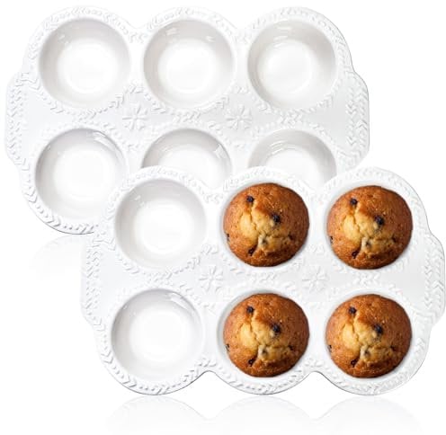 Hiceeden 2 Pack 6-Cup Ceramic Muffin Pan, Nonstick Cupcake Baking Pans with Handle, Ceramic Muffin Tin with Embossed Pattern for Muffin, Cupcake, White