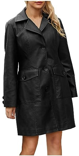 HAOLEI Trench Mi-Longueur En Cuir SynthéTique Pour Femme - Veste Longue - Automne Et Printemps - Pu Veste Moto Blouson Bomber Jacket Avec Poches