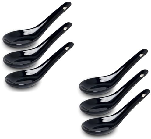 White and Black Series ASIATICA | Porzellan-Löffel-Set Asien | 13 cm - Reis-, Suppen-, Servier-, Dessert-Löffel - Spoon-Set Ramen (6er Set Schwarz)