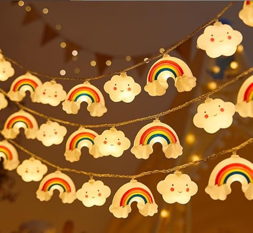 Stern Regenbogen Lichterkette, 3m Mit 20 LED, Stern Cloud Regenbogen Gesichtsform, für Weihnachten Party Kinderzimmer Garten Hochzeits Zimmer Deko (Warmweiß)