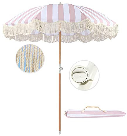 Retro Hawaiian Beach Parasol with Luxurious Tassels Large Round Umbrella for Pool Garden Terrace Pink/White Striped Multi Angle Tilt Φ2M