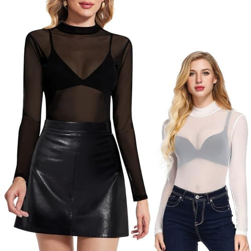 DOOCECIY 2 Pcs White Black Mesh Top Women, Sexy Mesh Long Sleeve Top, Slim Crew Neck Sheer Tops
