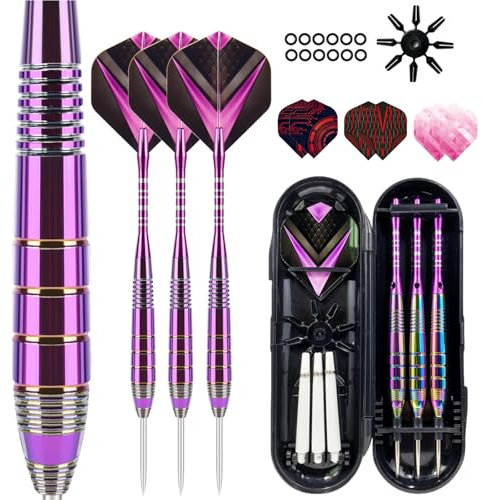 Mhekrep Dartpfeile mit Metallspitze 22g, Premium Steeltip Dart-Set, Profi Steeldarts mit Metallspitze Steel Darts Pfeile Set Stahl Spitze Darts Set 3 Aluminium Schaft + Extra 6 Dart-Flüge (Lila)