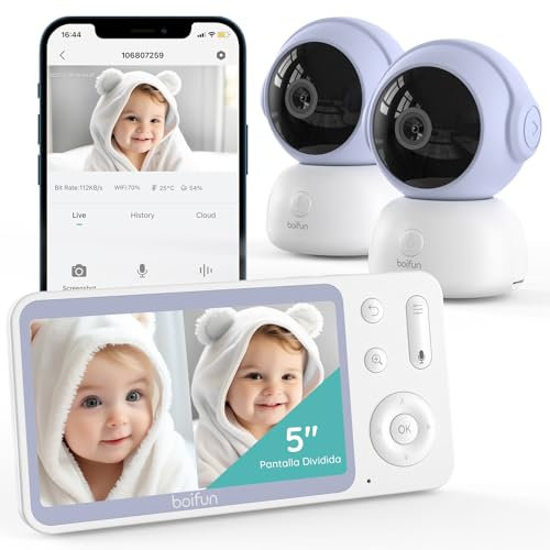 BOIFUN 2K Vigilabebes con 2 Camaras con App Movil, 5 Pantalla Dividida, Rotación 360°, Monitoreo de Movimiento y Seguimiento Automático, Alarma de Área Personalizada, Zoom 4X, VOX