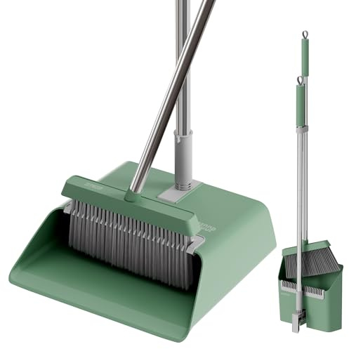 JOYMOOP Dark Teal Green Broom and Dustpan Set with 56 Long Handle, Upright Stand Up Broom with Built-in Comb Teeth, Angle Broom for Home Kitchen Office Lobby, Pet Hair and Hardwood Floor Sweeping