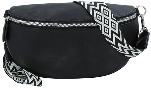 Jennifer Jones - Damen Bauchtasche mit modernem breitem Gurt | Crossbody Bag, Gürteltasche, Handtasche, Hüfttasche, Umhängetasche - Schwarz