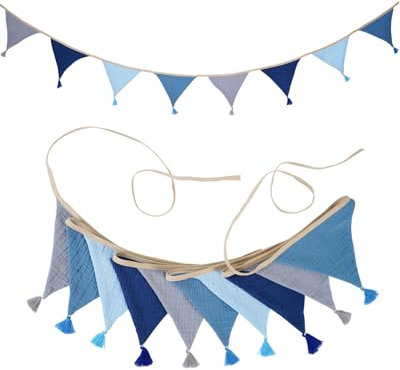 BARRU Guirnalda de Banderines para Habitación Infantil, Muselina de Algodón, Banderines Decorativos,Decoración para Cama de casa para niñas y niños, Azul cielo