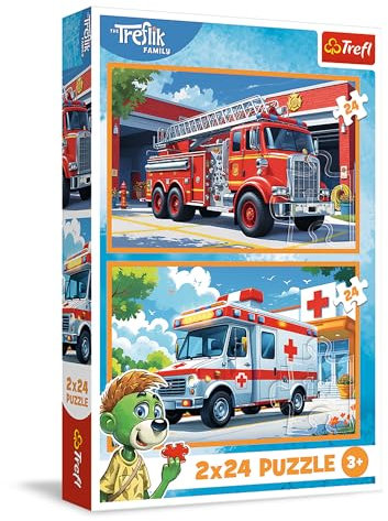 Trefl – 2in1 Puzzle: The Treflik Family, Feuerwehr und Krankenwagen - 2 x 24 Teile, Zweier-Puzzle-Set für Kinder ab 3 Jahren