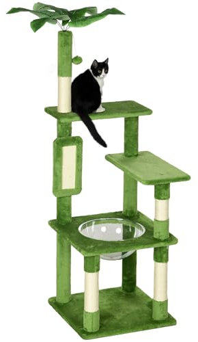 PawHut Árbol multinivel para Gatos con Hamaca, rascador, Pelota y Hojas Decorativas, Funda de Felpa, 49x49x142 cm, Verde