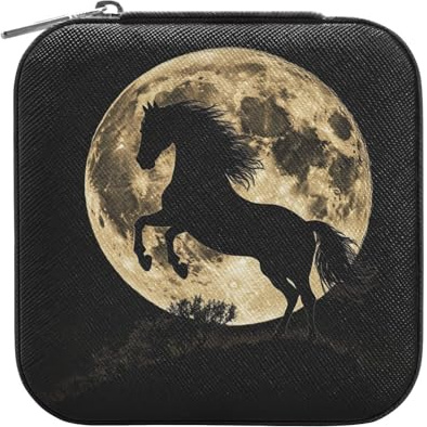 OWFKAY Schmuckschatulle für Damen, PU-Leder, Schmuckhalter, kleiner Schmuck-Organizer für Mädchen, Ehefrau, Mutter, schwarzes Pferd